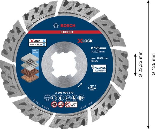 EXPERT MultiMaterial X-LOCK 다이아몬드 컷팅 디스크 125 x 22.23 x 2.4 x 12mm Bosch EXPERT MultiMaterial X-LOCK 다이아몬드 절단 디스크 125mm.