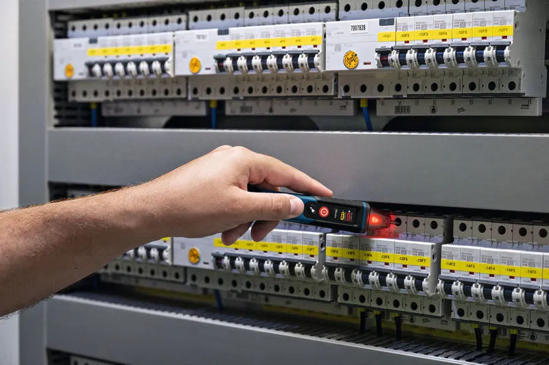 비접촉 전압 테스터로 전기 패널을 테스트하는 사람.