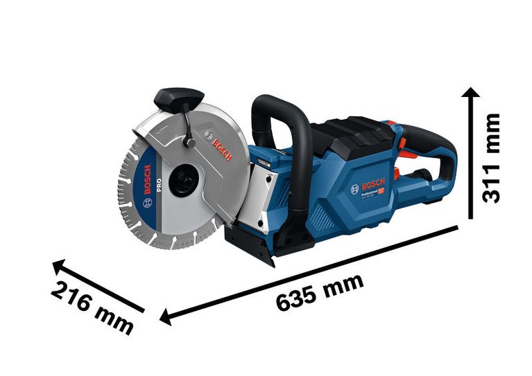 Bosch GCS 18V-230 무선 절단 및 연삭 공구 (치수 포함).