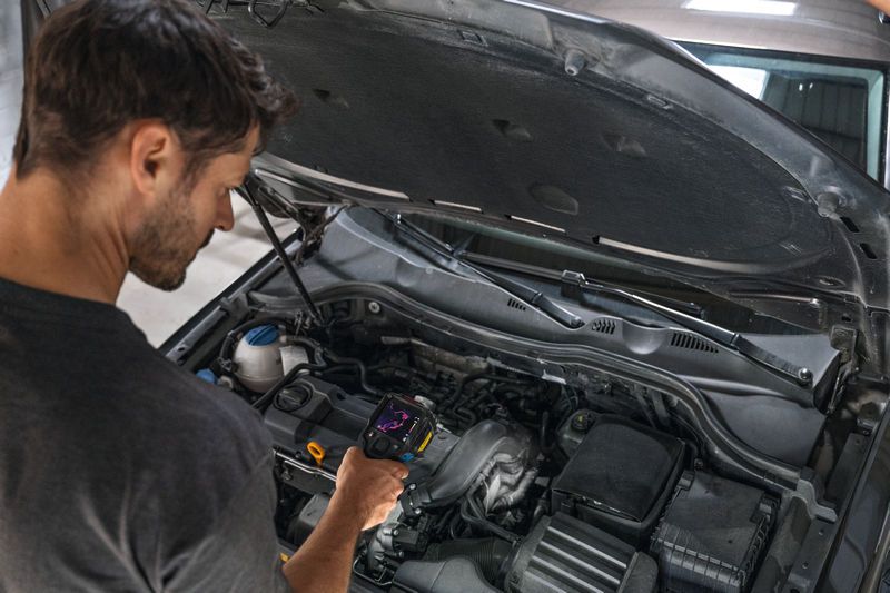 한 사람이 휴대용 열화상 카메라를 이용해 자동차 엔진을 검사하고 있습니다.