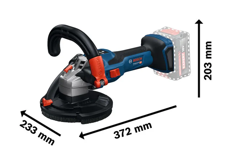 Bosch GBR 18V-15 S 콘크리트 그라인더의 크기 치수입니다.