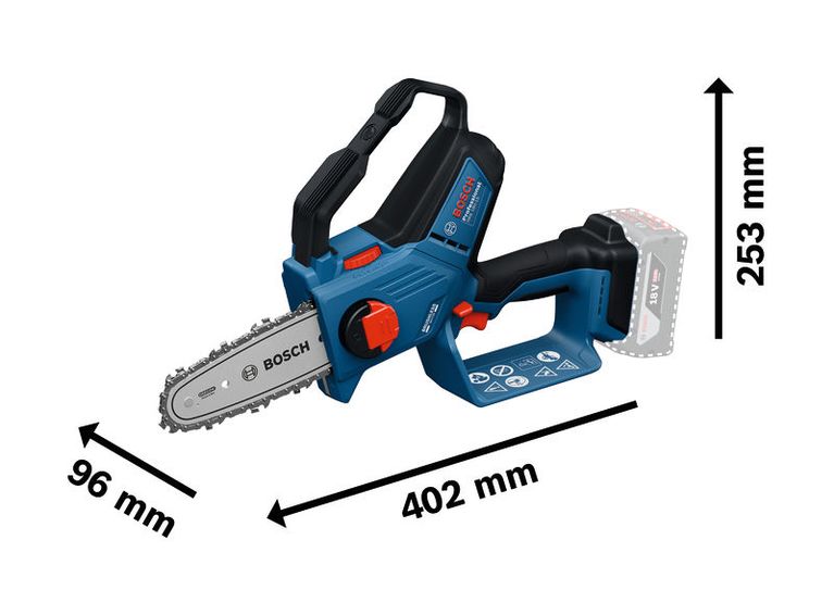 치수가 표시된 Bosch GKE 18V-15 무선 가지치기 톱.