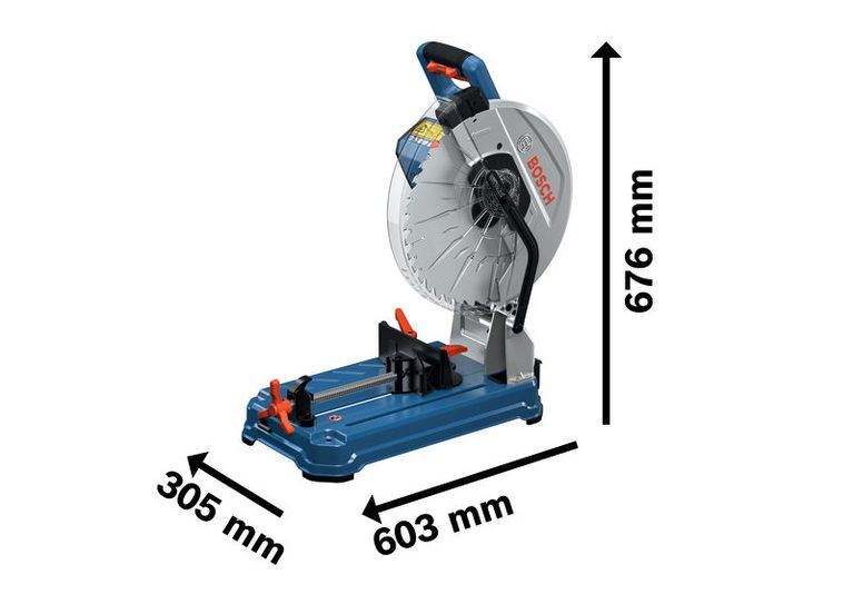 치수가 표시된 Bosch GCD 18V-355 금속 절단 톱입니다.