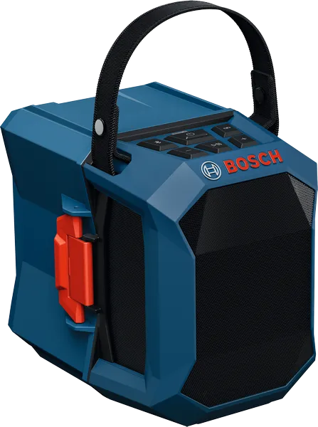 손잡이가 달린 Bosch GPB 18V-1 작업 현장용 라디오.