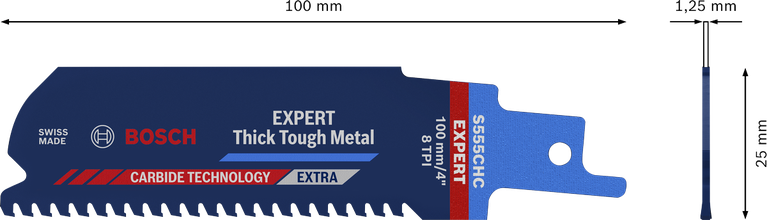 Bosch EXPERT Thick Tough Metal S 555 CHC 톱날은 두꺼운 금속을 절단하는 데 적합합니다.