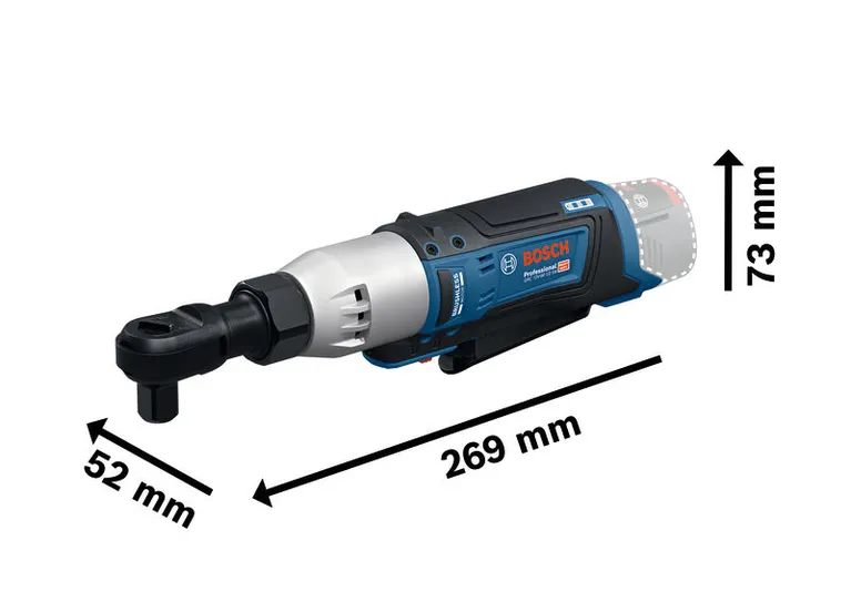 치수가 표시된 Bosch GRC 12V-60 1/2 SN 무선 래칫 렌치.