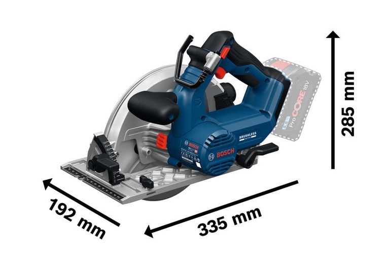 Bosch GKS 18V-68-2 무선 원형톱의 크기 및 제원.
