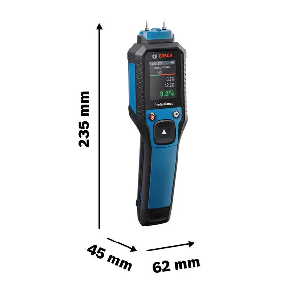 치수가 표시된 Bosch GMP 2-15 재료 수분계.