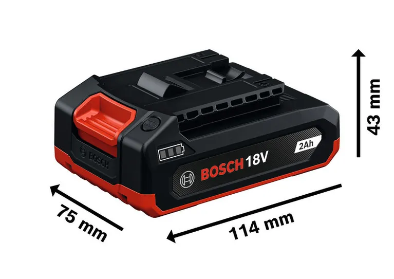 Bosch 18V 2Ah 배터리 팩의 크기 정보입니다.