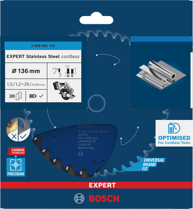 Bosch EXPERT 스테인리스 스틸 무선 원형 톱날 136×1.5/1.2×20 mm T30.