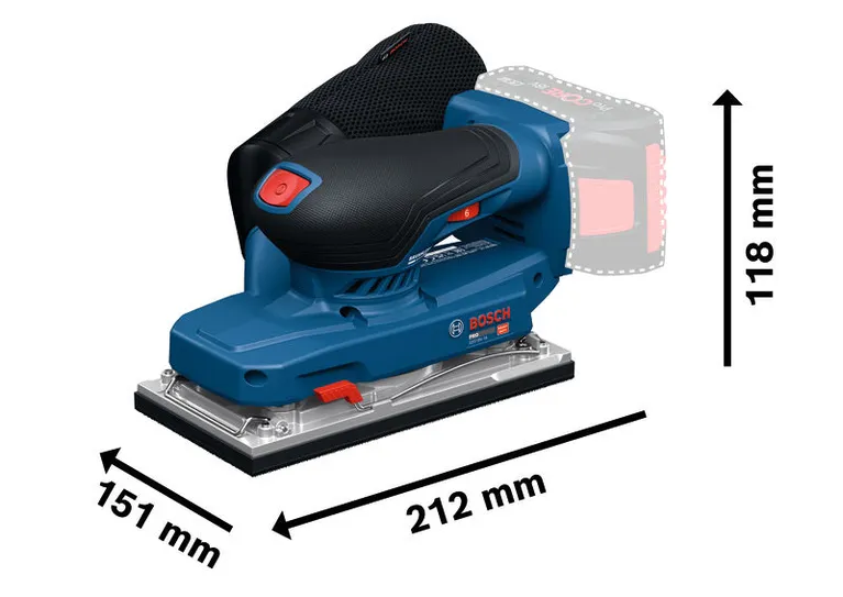 치수가 표시된 Bosch GSS18V-18 오비탈 샌더입니다.