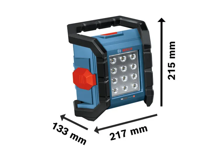 치수가 표시된 Bosch GLI18V-1500 무선 작업 현장 조명.