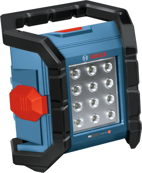 LED 패널이 장착된 Bosch GLI18V-1500 무선 작업 현장 조명.
