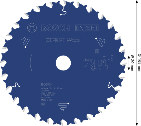 Bosch EXPERT Wood 원형 톱날, 168mm 28T.
