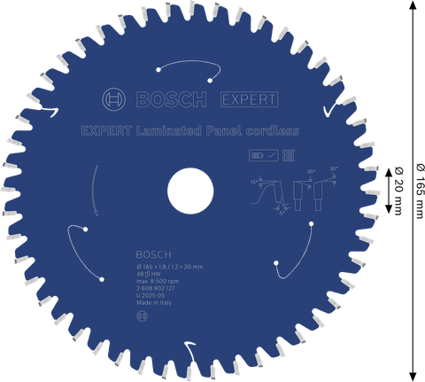 Bosch EXPERT 적층 패널 무선 원형 톱날, 165mm, 48T.