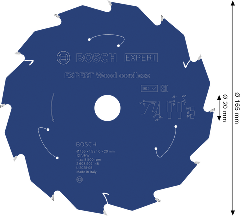 Bosch EXPERT Wood 무선 원형 톱날, 165mm.