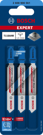 EXPERT Tough Metal thin T118AHM 직쏘날, 3개 Bosch EXPERT Tough Metal T118AHM 카바이드 톱날.