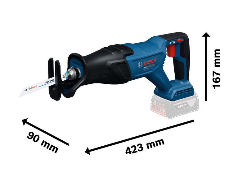 Bosch GSA18V-280 무선 왕복톱, 길이 423mm.