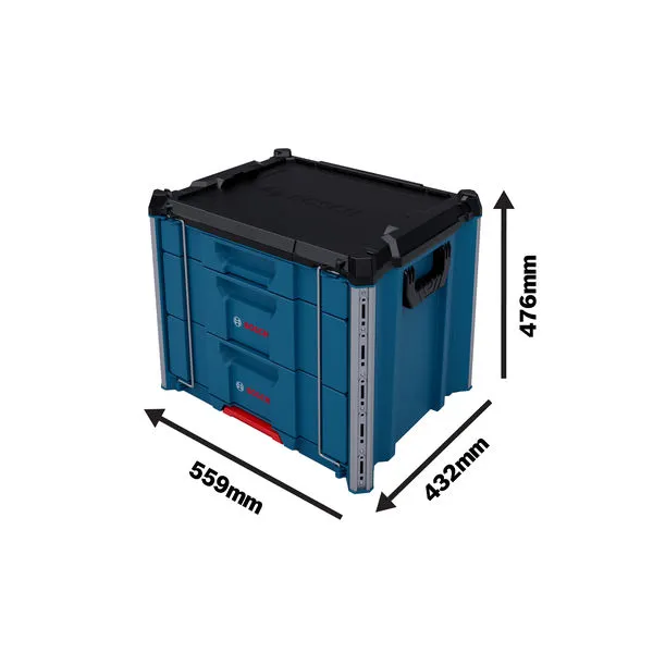 표시된 치수가 적힌 Bosch L-BOXX Contractor Drawer 3 운반 케이스입니다.