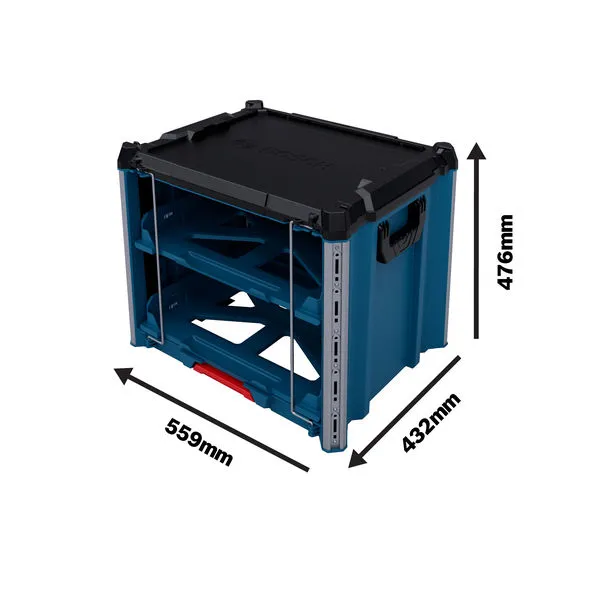 Bosch L-BOXX Contractor Rack 2 운반 케이스와 치수입니다.