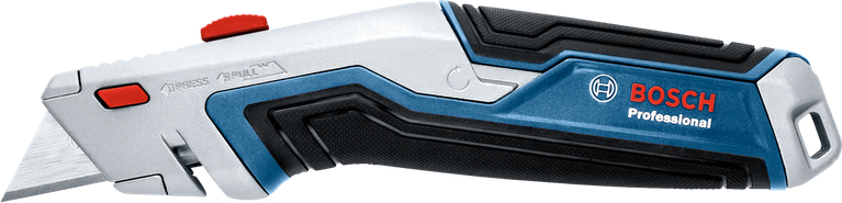 흰색 배경에 놓인, 접을 수 있는 칼날과 인체공학적 그립이 있는 다용도 칼.