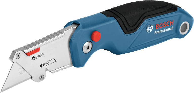 흰색 배경에 파란색 손잡이와 접을 수 있는 칼날이 달린 다용도 칼이 놓여 있습니다.