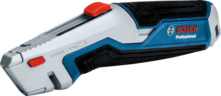 검은색 그립과 빨간색 안전 스위치가 달린 무선 전기 유틸리티 칼입니다.