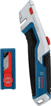 파란색과 빨간색 두 가지 색상으로 출시되는 인체공학적 그립의 다용도 칼과 예비 칼 케이스입니다.