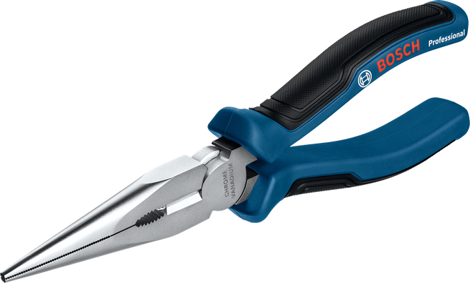 유도 경화 처리된 절삭 날이 있는 Bosch 롱 노즈 플라이어 200mm.