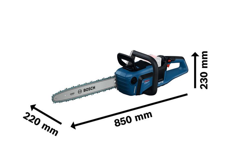 GKE 18V-40 치수가 표시된 Bosch GKE 18V-40 전기톱입니다.