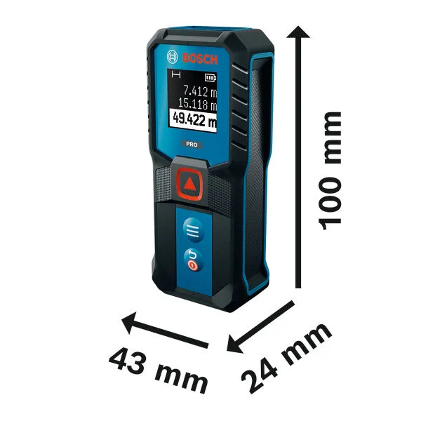 치수 라벨이 있는 Bosch GLM50-21 레이저 측정기.
