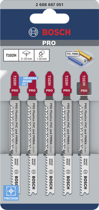 Bosch PRO Plastics T102H PVC 및 PMMA용 톱날, 5개 팩.