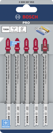 Bosch PRO Plastics T302H PVC 및 PMMA용 톱날, 5개 팩.