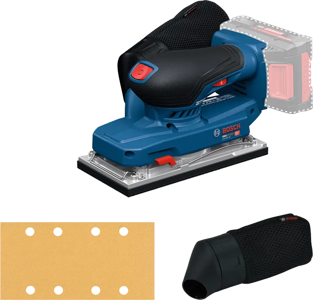 먼지백이 달린 Bosch GSS18V-18 무선 시트 샌더.