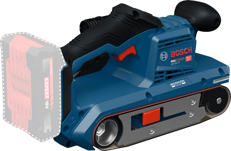 18V 배터리 슬롯이 있는 Bosch GBS18V-75 벨트 샌더.