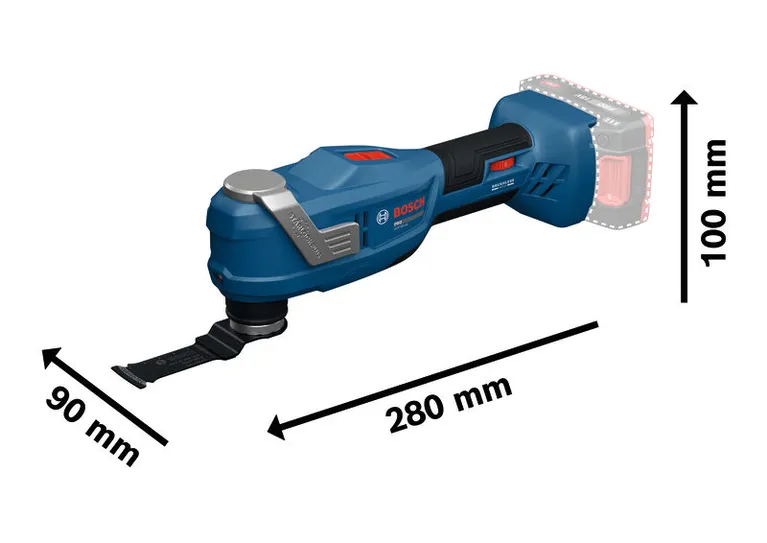 치수가 표시된 Bosch GOP18V-30 다기능 도구입니다.