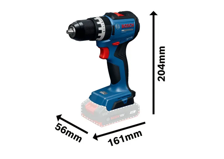 Bosch GSB 18V-52 무선 드릴 (치수 표기).