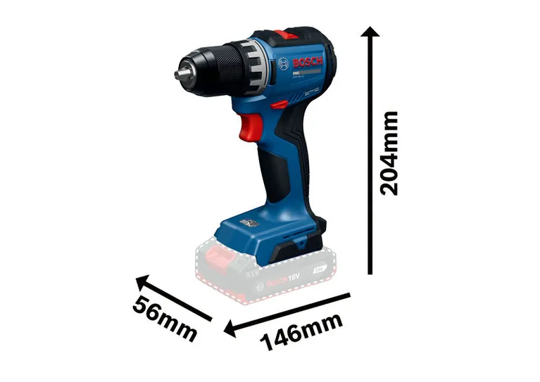 Bosch GSR18V-52 무선 드릴의 크기입니다.