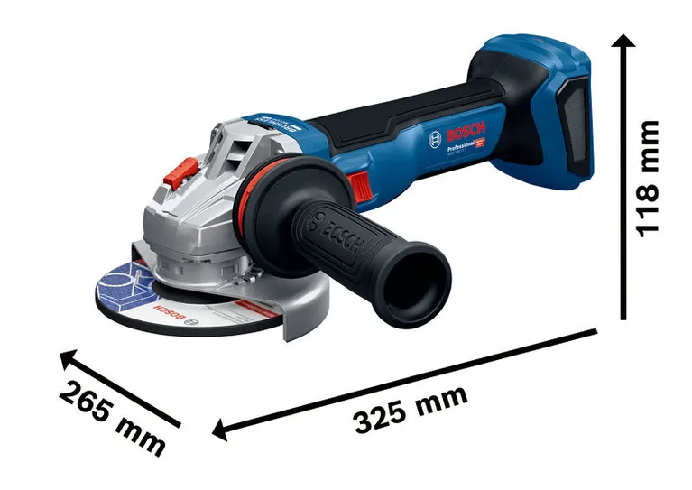 Bosch GWS 18V-11 S 무선 앵글 그라인더 (치수 포함).
