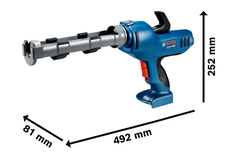 Bosch GCG 18V-310 무선 실리콘 코킹 건의 크기 정보입니다.