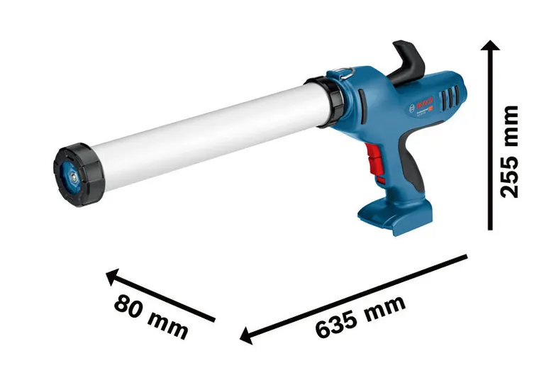 Bosch GCG 18V-600 무선 실리콘 코킹 건의 크기 정보입니다.