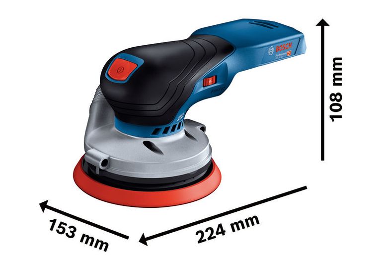 Bosch GEX 18V-125 무선 랜덤 오빗 샌더 및 치수.