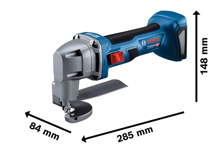 Bosch GSC 18V-16 E 무선 금속 절단기 (치수 포함).