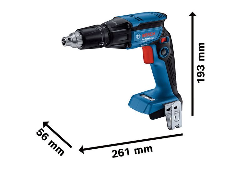 Bosch GTB 185-LI 무선 석고보드용 스크류드라이버 (치수 포함).