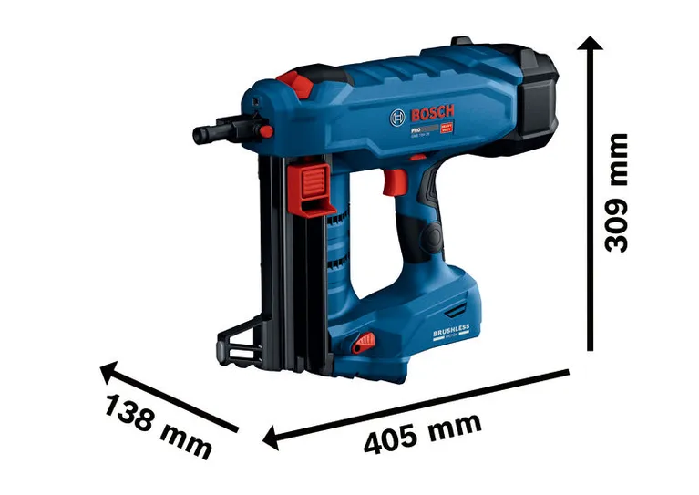 Bosch GNB 18V-38 무선 콘크리트 네일러 (치수 포함).