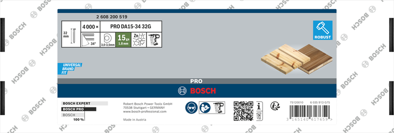 Bosch PRO DA15-34 32G 마감 네일 로버스트 팩.