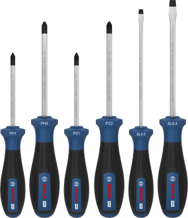 Bosch PRO 스크루드라이버 세트 PH/PZ/SL, 미끄럼 방지 손잡이가 있는 6개 구성.