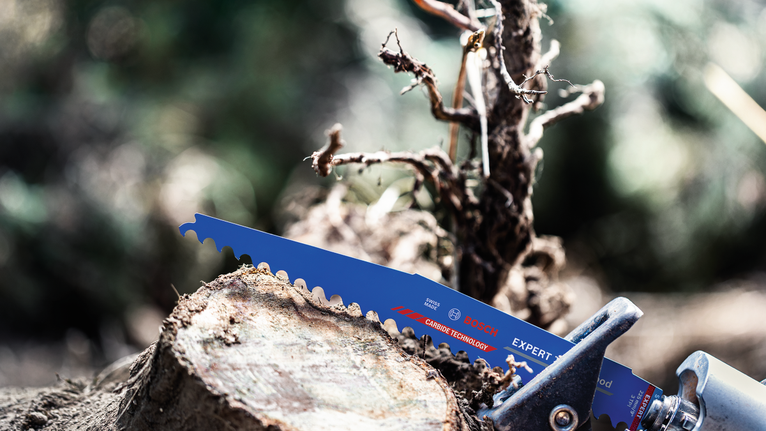 전동 공구에 부착된 톱날이 야외에서 나뭇가지를 자르고 있다.