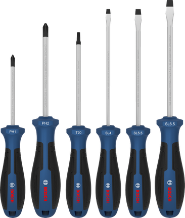 색상으로 구분된 손잡이가 있는 Bosch 6종 드라이버 세트.