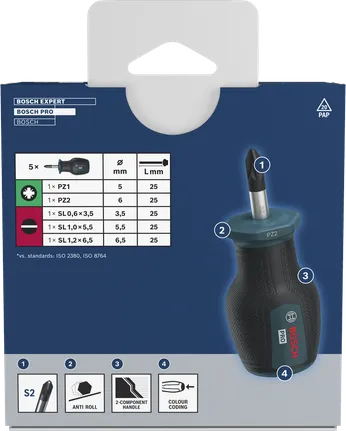 Bosch PRO 스터비 스크루드라이버 PZ/SL 세트 (S2 샤프트 및 미끄럼 방지 손잡이 포함).